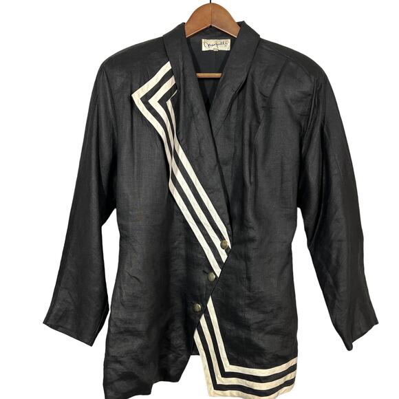 Vintage 80s Marpelli x Udo Oversized Jacket Offset Stripe Button Black - 42 - Picture 1 of 6